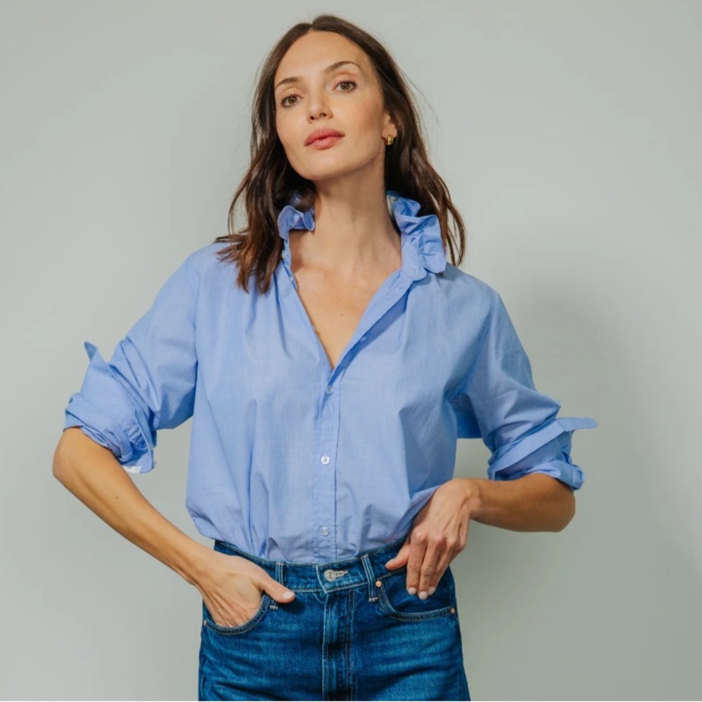 KMJ Quarantina Chambray Ruffled Collar shirt size XS